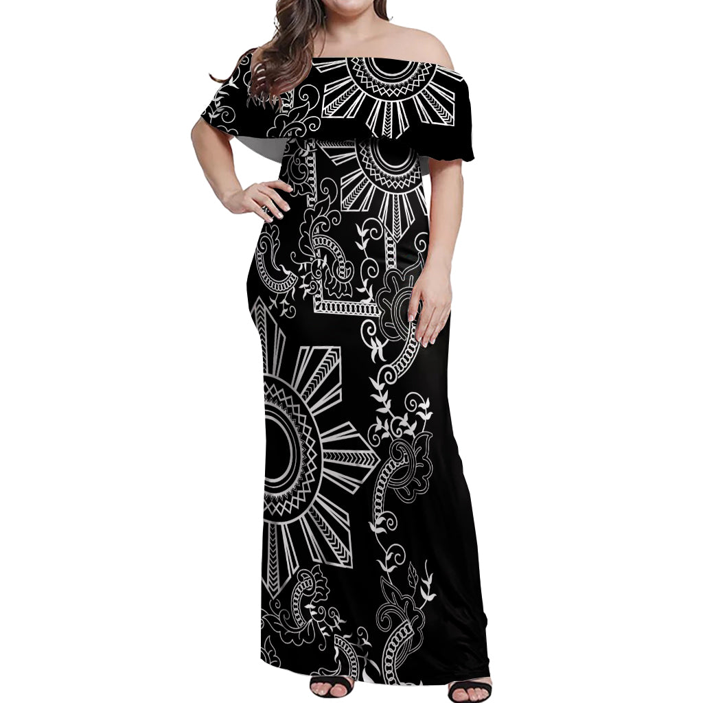 Filipino Sun Tribal Tattoo Off Shoulder Maxi Dress Philippines Inspired Barong Simple Black