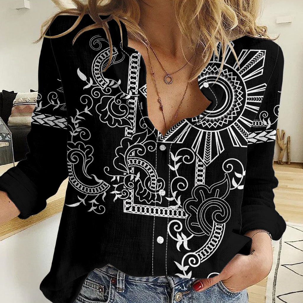 Filipino Sun Tribal Tattoo Women Casual Shirt Philippines Inspired Barong Simple Black