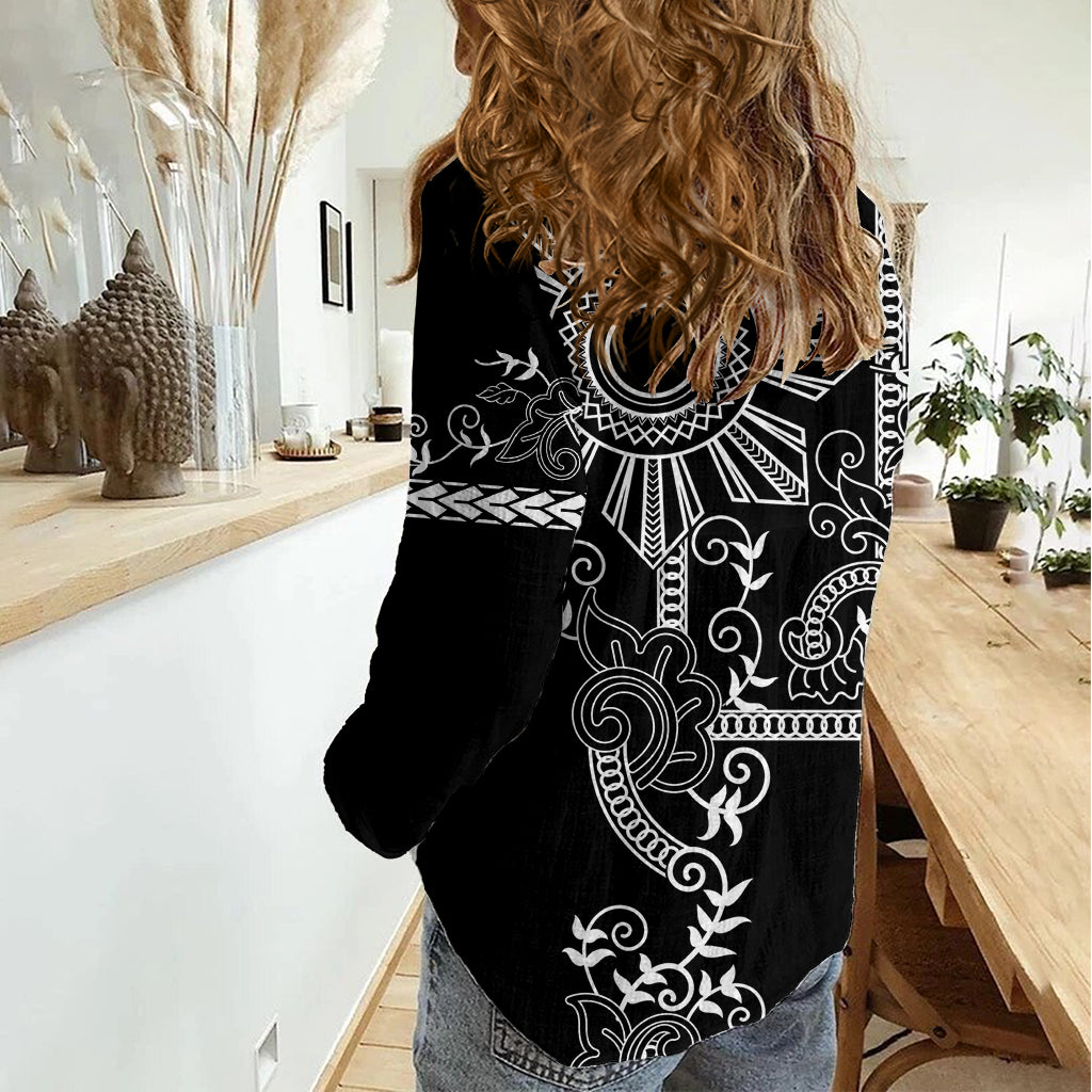 Filipino Sun Tribal Tattoo Women Casual Shirt Philippines Inspired Barong Simple Black