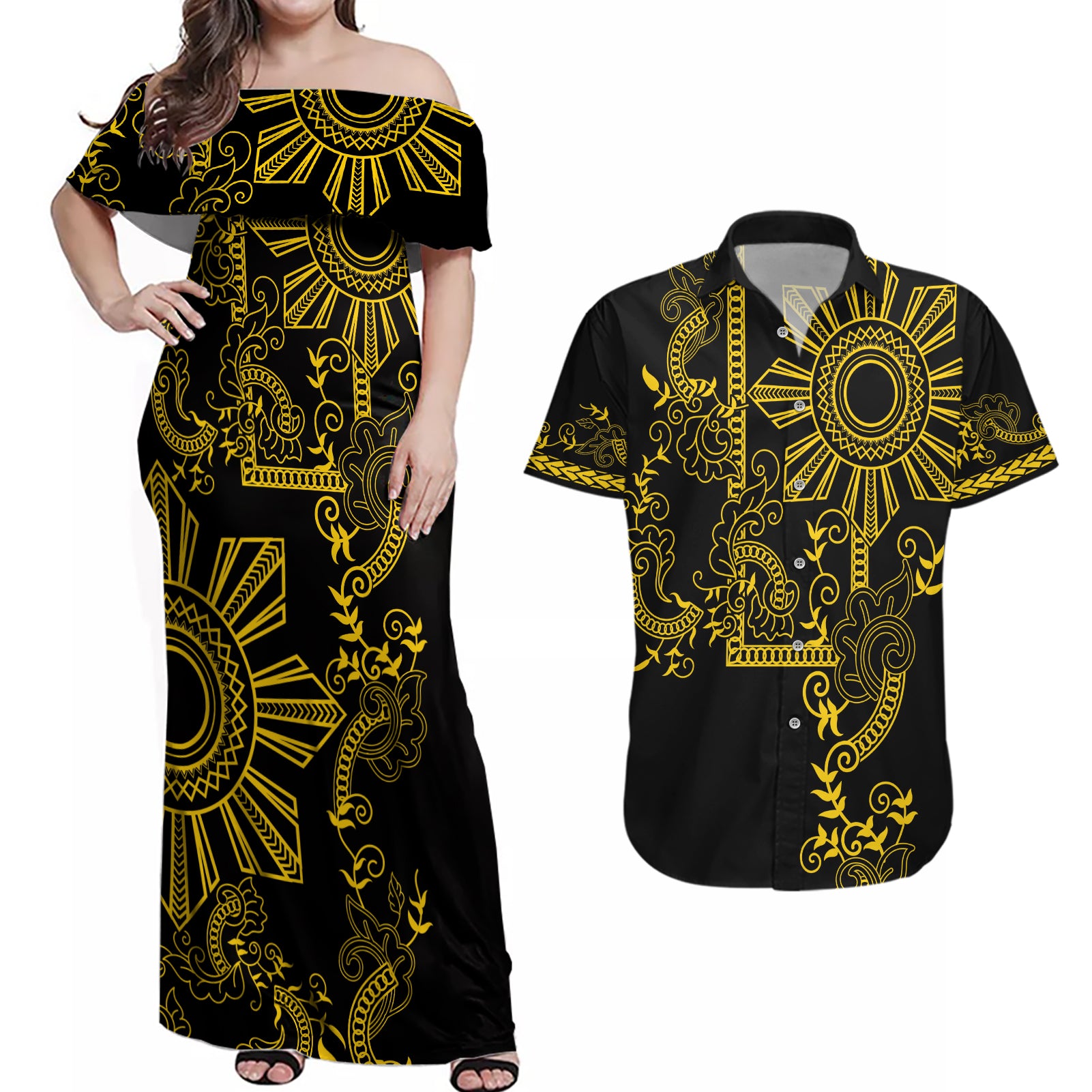 Filipino Sun Tribal Tattoo Couples Matching Off Shoulder Maxi Dress and Hawaiian Shirt Philippines Inspired Barong Simple Gold