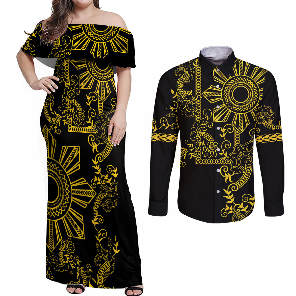 Filipino Sun Tribal Tattoo Couples Matching Off Shoulder Maxi Dress and Long Sleeve Button Shirt Philippines Inspired Barong Simple Gold