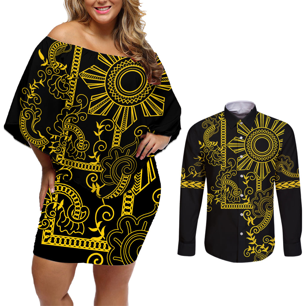 Filipino Sun Tribal Tattoo Couples Matching Off Shoulder Short Dress and Long Sleeve Button Shirt Philippines Inspired Barong Simple Gold