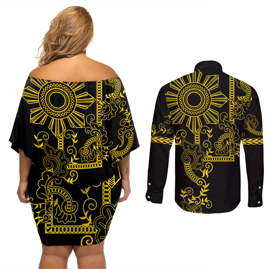 Filipino Sun Tribal Tattoo Couples Matching Off Shoulder Short Dress and Long Sleeve Button Shirt Philippines Inspired Barong Simple Gold