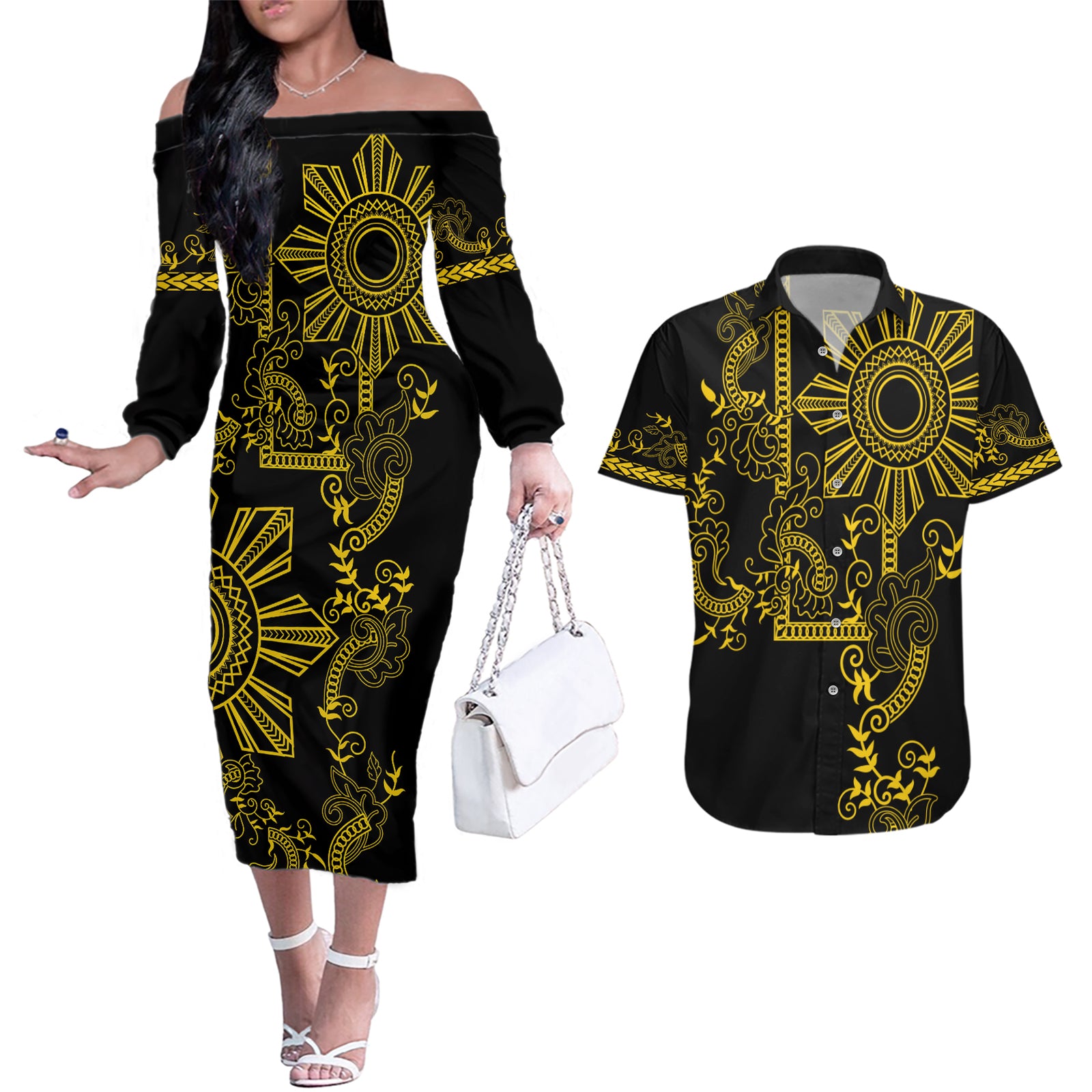 Filipino Sun Tribal Tattoo Couples Matching Off The Shoulder Long Sleeve Dress and Hawaiian Shirt Philippines Inspired Barong Simple Gold