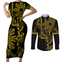 Filipino Sun Tribal Tattoo Couples Matching Short Sleeve Bodycon Dress and Long Sleeve Button Shirt Philippines Inspired Barong Simple Gold