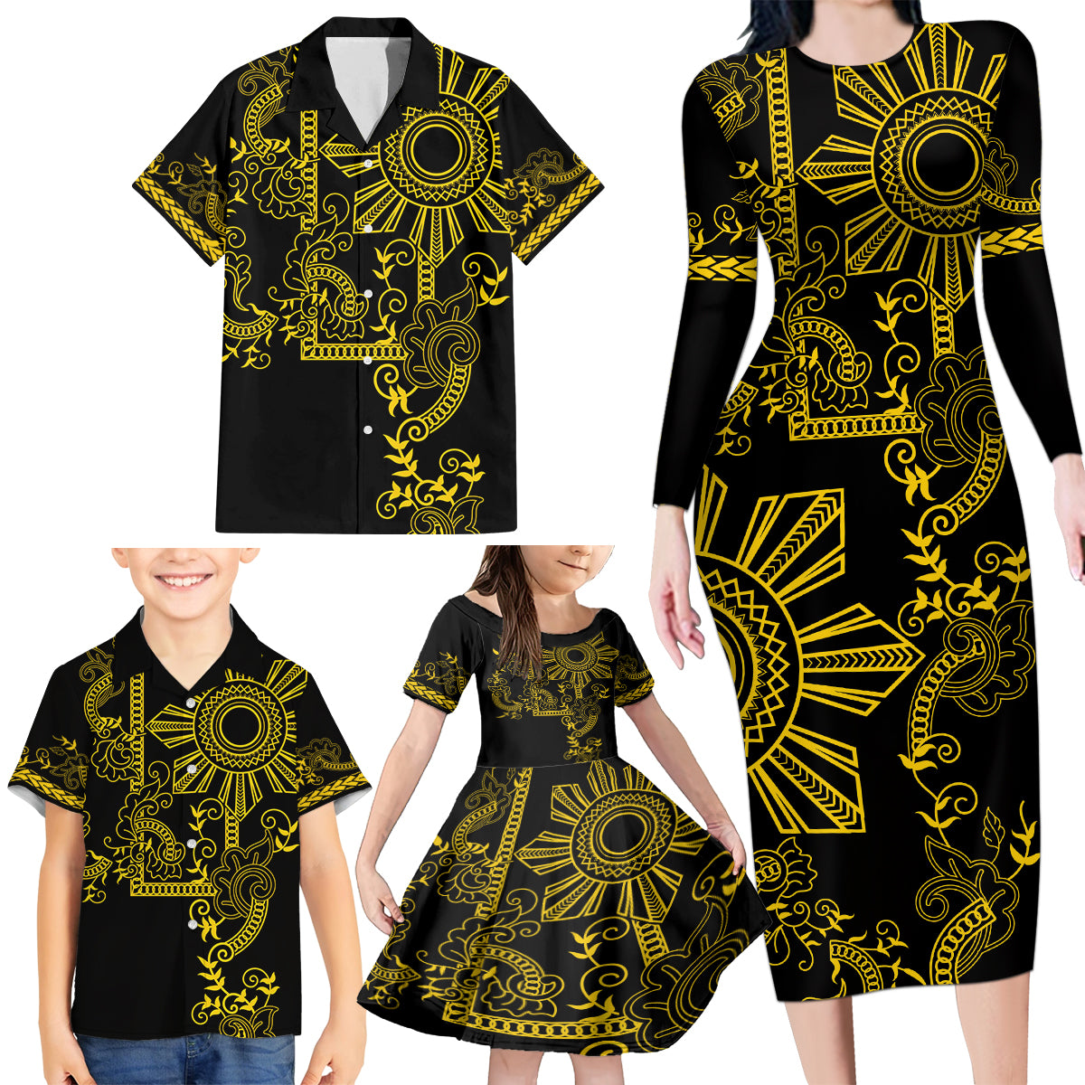 Filipino Sun Tribal Tattoo Family Matching Long Sleeve Bodycon Dress and Hawaiian Shirt Philippines Inspired Barong Simple Gold