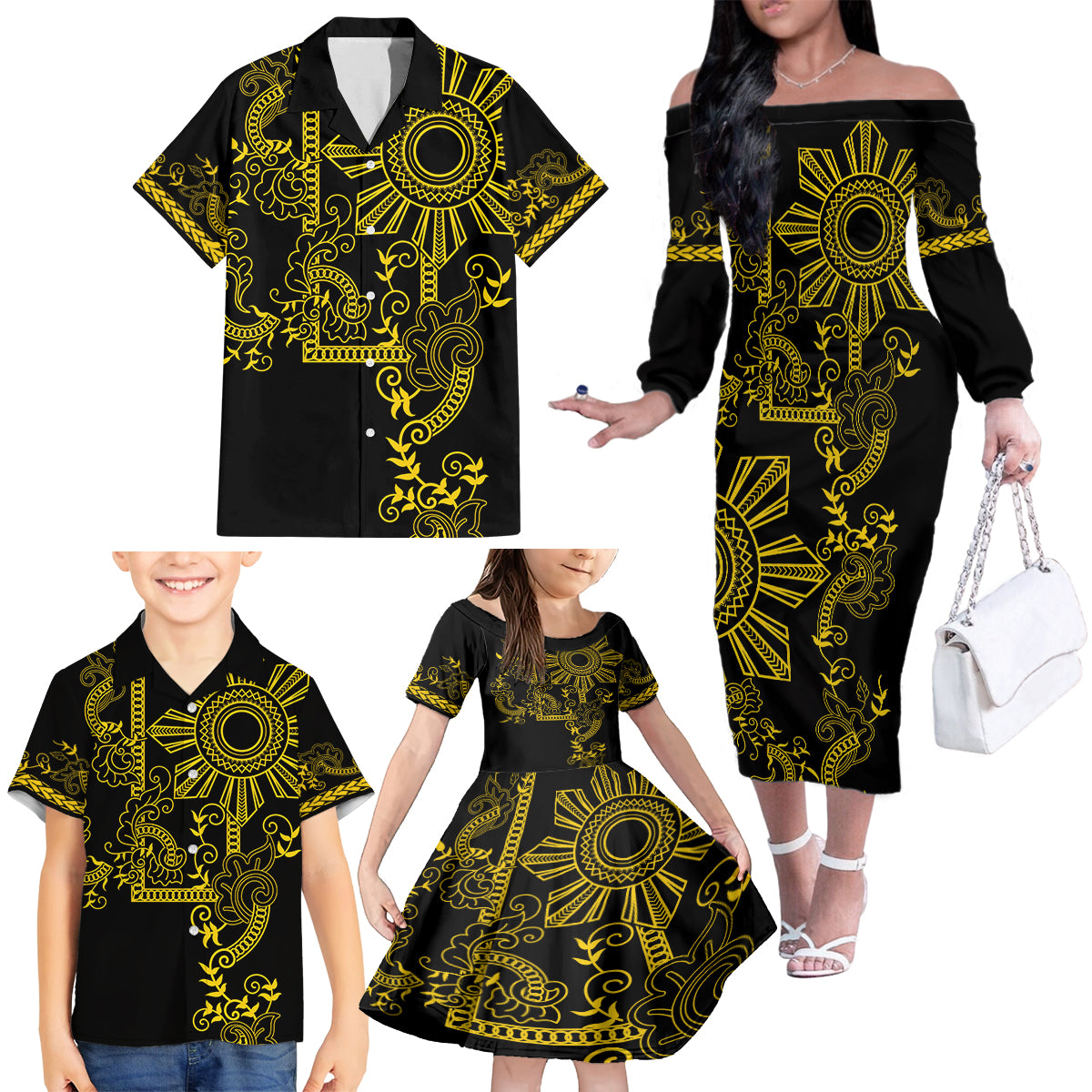 Filipino Sun Tribal Tattoo Family Matching Off The Shoulder Long Sleeve Dress and Hawaiian Shirt Philippines Inspired Barong Simple Gold