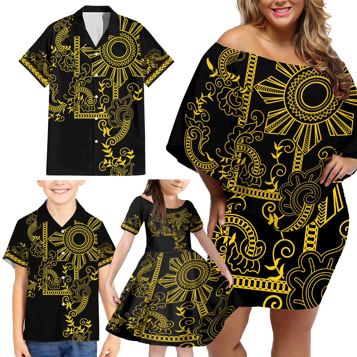 Filipino Sun Tribal Tattoo Family Matching Off Shoulder Short Dress and Hawaiian Shirt Philippines Inspired Barong Simple Gold