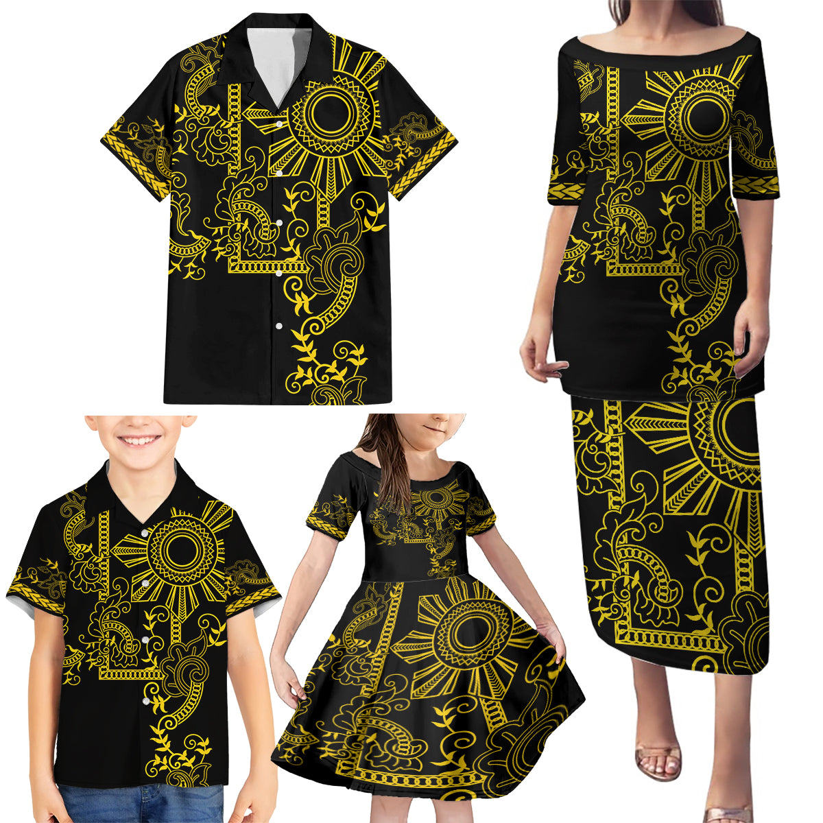 Filipino Sun Tribal Tattoo Family Matching Puletasi and Hawaiian Shirt Philippines Inspired Barong Simple Gold