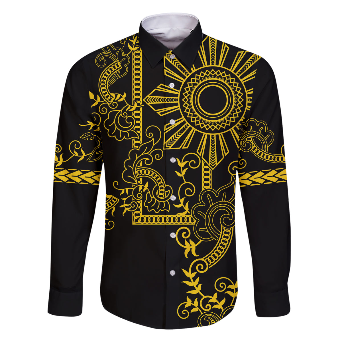 Filipino Sun Tribal Tattoo Family Matching Short Sleeve Bodycon Dress and Hawaiian Shirt Philippines Inspired Barong Simple Gold
