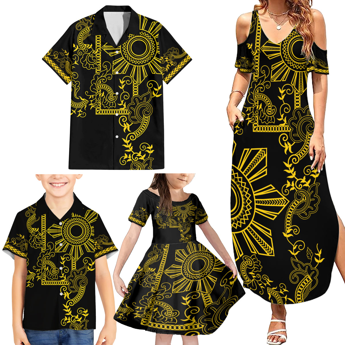 Filipino Sun Tribal Tattoo Family Matching Summer Maxi Dress and Hawaiian Shirt Philippines Inspired Barong Simple Gold