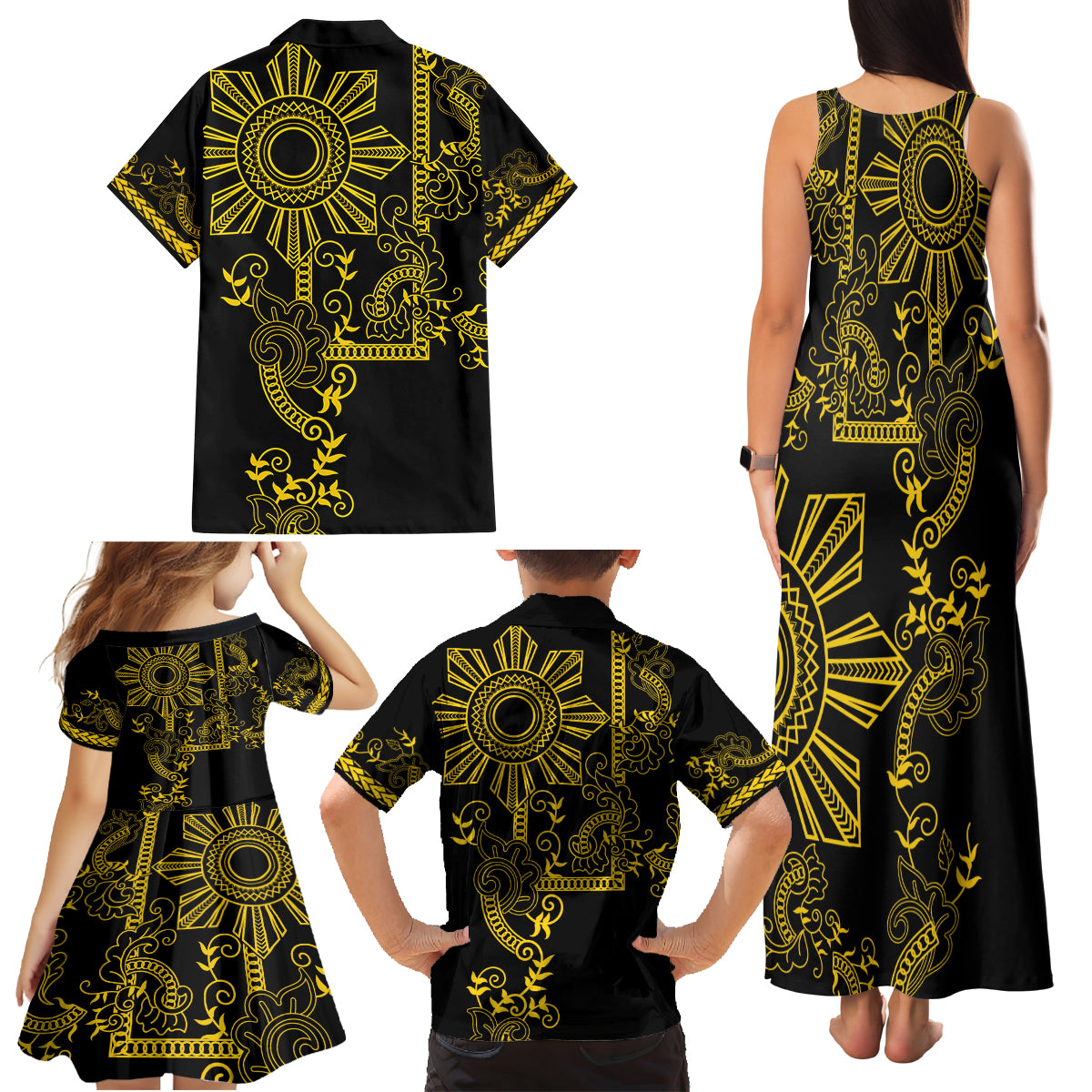 Filipino Sun Tribal Tattoo Family Matching Tank Maxi Dress and Hawaiian Shirt Philippines Inspired Barong Simple Gold