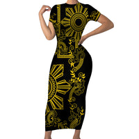 Filipino Sun Tribal Tattoo Short Sleeve Bodycon Dress Philippines Inspired Barong Simple Gold