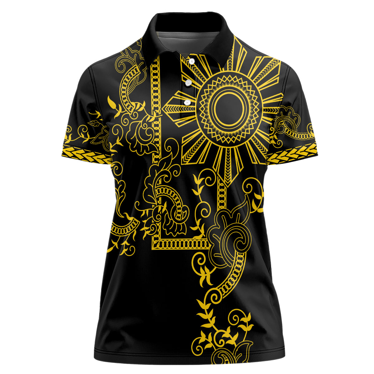 Filipino Sun Tribal Tattoo Women Polo Shirt Philippines Inspired Barong Simple Gold