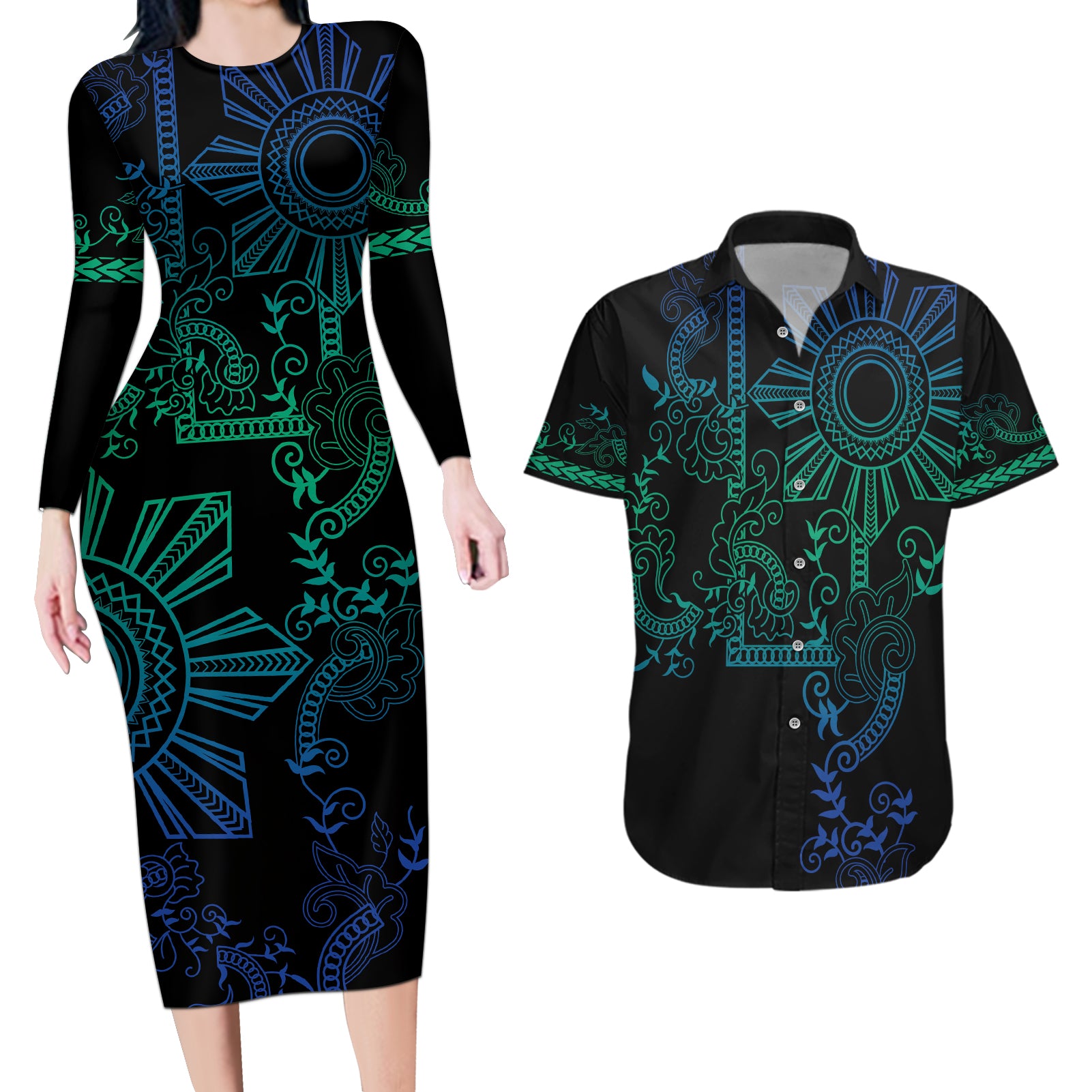 Filipino Sun Tribal Tattoo Couples Matching Long Sleeve Bodycon Dress and Hawaiian Shirt Philippines Inspired Barong Blue Art