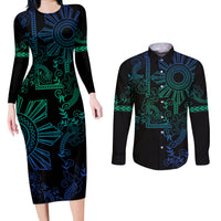 Filipino Sun Tribal Tattoo Couples Matching Long Sleeve Bodycon Dress and Long Sleeve Button Shirt Philippines Inspired Barong Blue Art