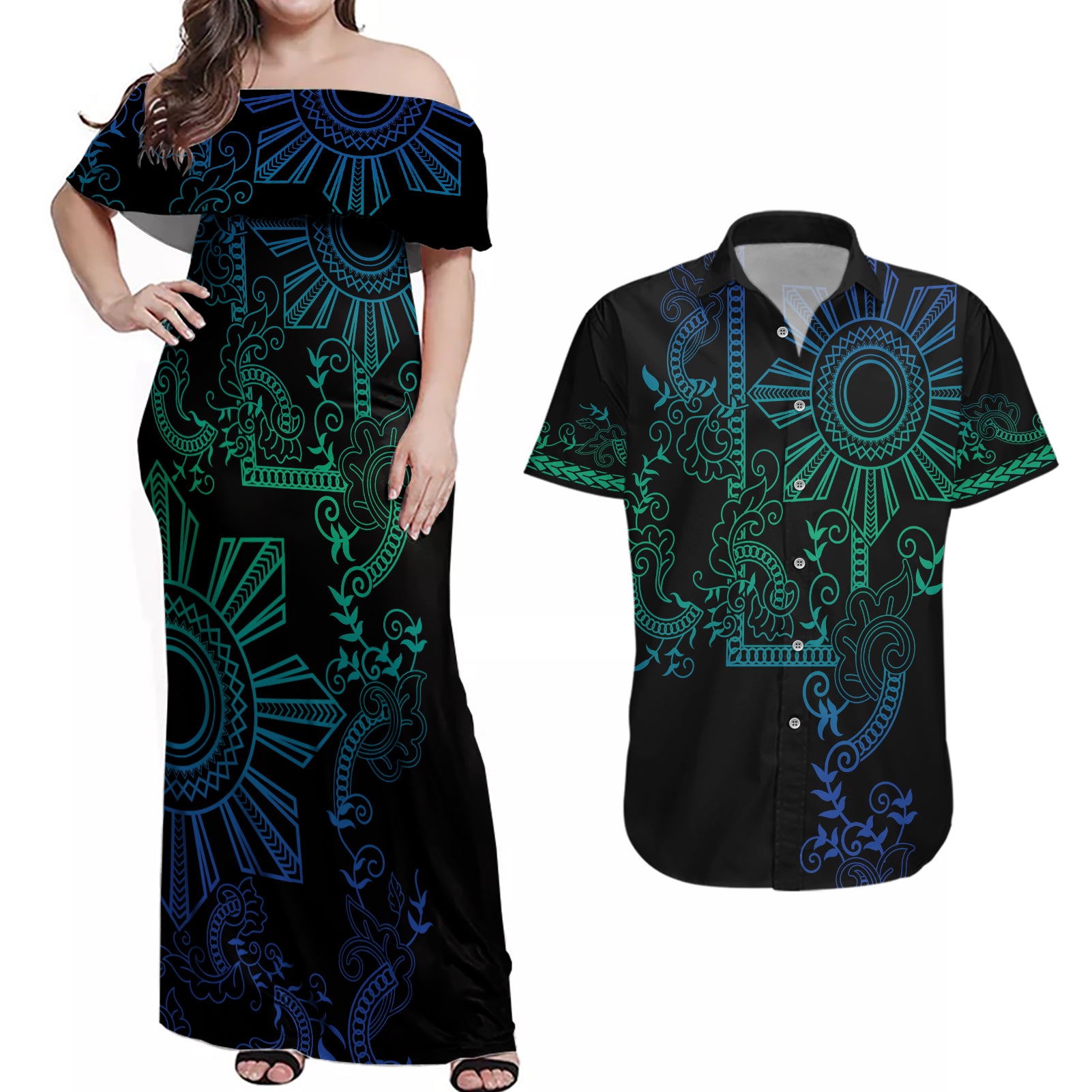 Filipino Sun Tribal Tattoo Couples Matching Off Shoulder Maxi Dress and Hawaiian Shirt Philippines Inspired Barong Blue Art