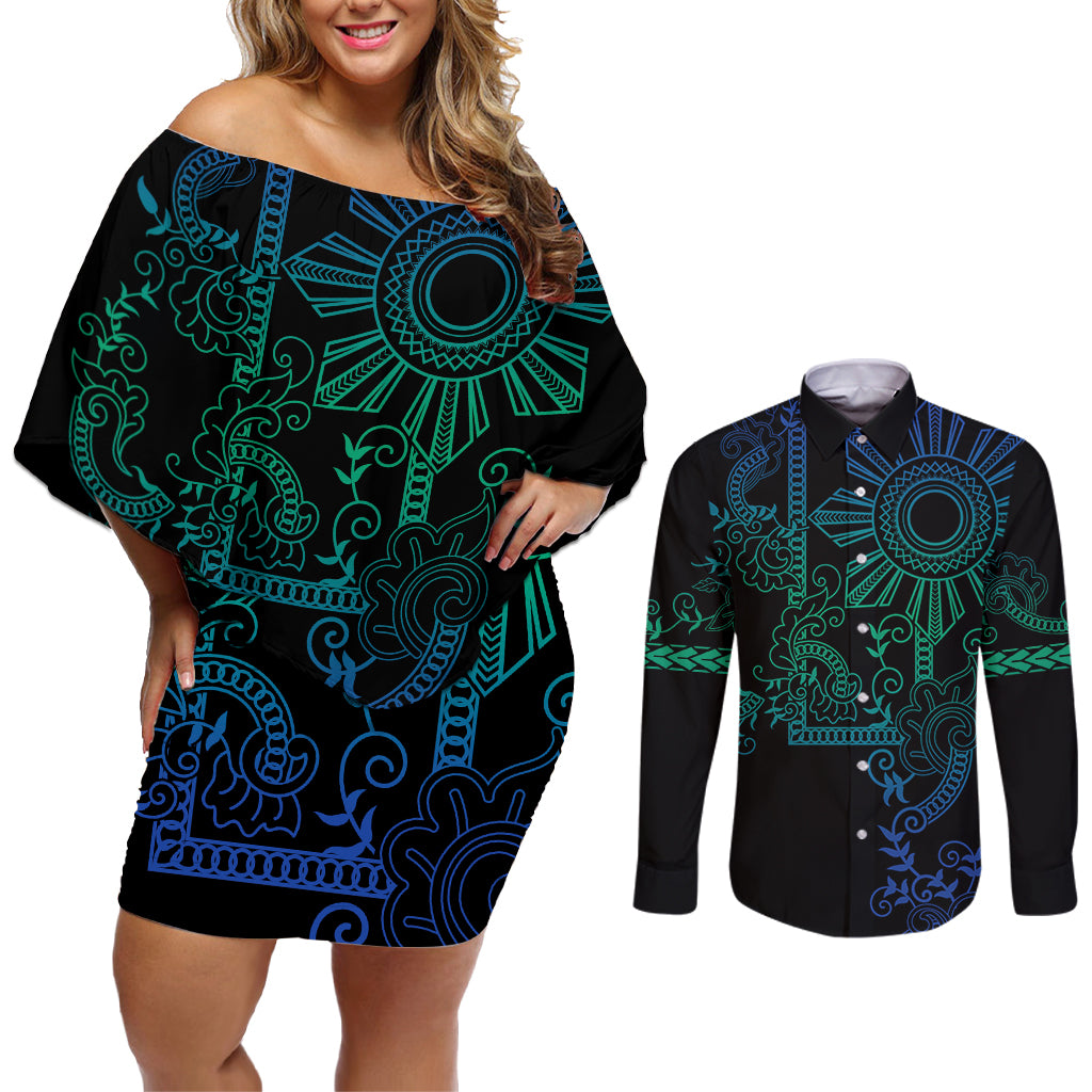 Filipino Sun Tribal Tattoo Couples Matching Off Shoulder Short Dress and Long Sleeve Button Shirt Philippines Inspired Barong Blue Art