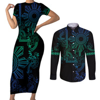 Filipino Sun Tribal Tattoo Couples Matching Short Sleeve Bodycon Dress and Long Sleeve Button Shirt Philippines Inspired Barong Blue Art
