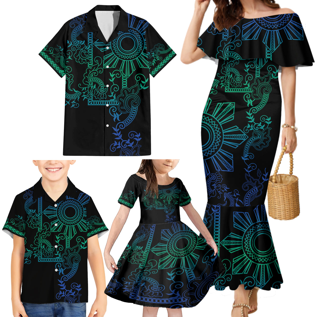 Filipino Sun Tribal Tattoo Family Matching Mermaid Dress and Hawaiian Shirt Philippines Inspired Barong Blue Art