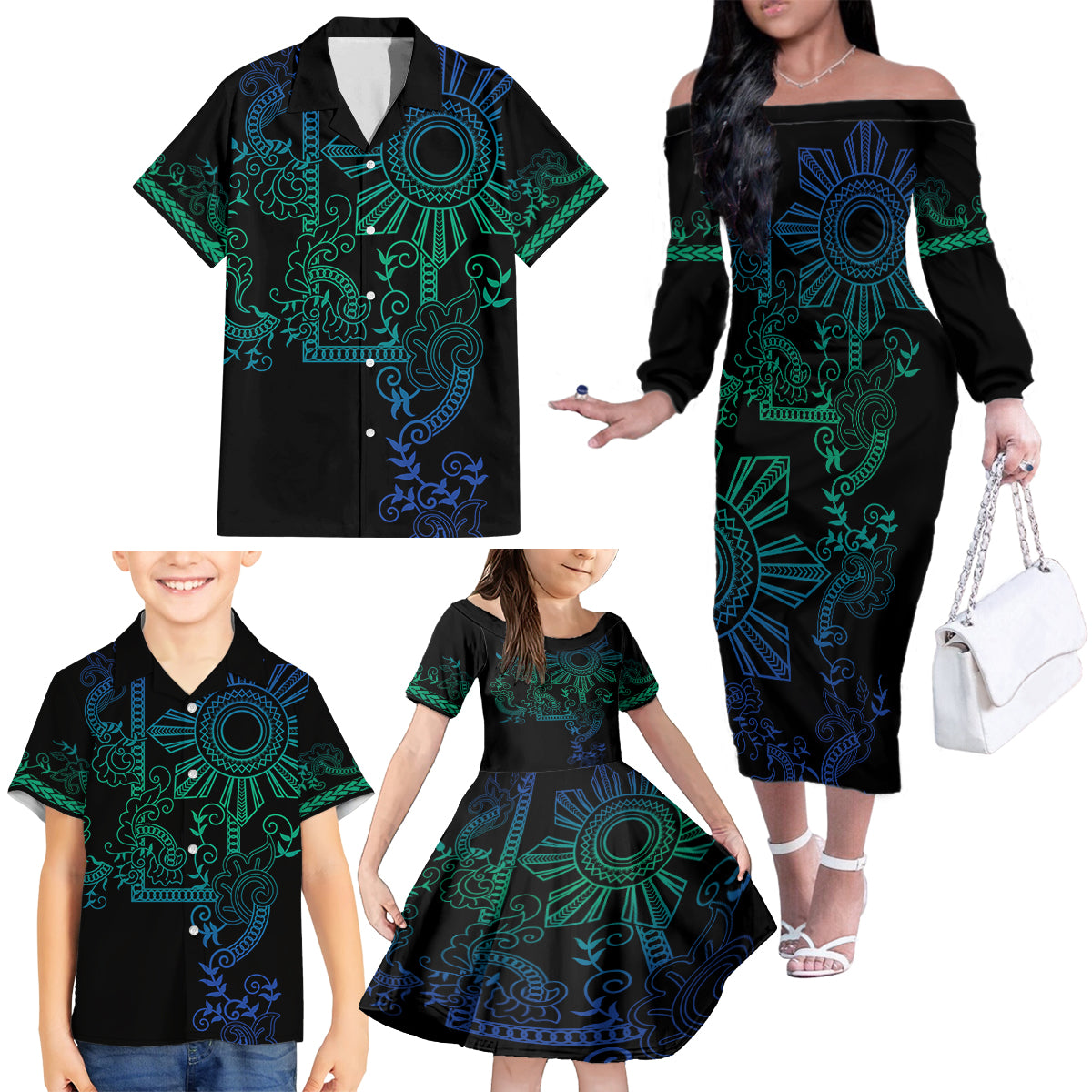 Filipino Sun Tribal Tattoo Family Matching Off The Shoulder Long Sleeve Dress and Hawaiian Shirt Philippines Inspired Barong Blue Art