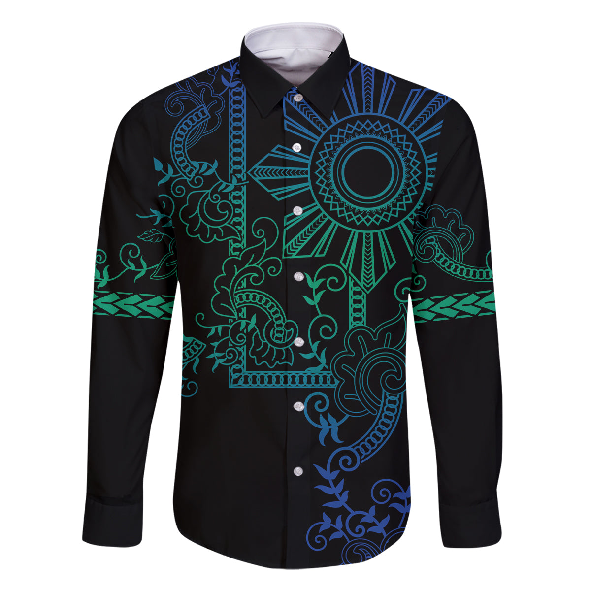 Filipino Sun Tribal Tattoo Family Matching Off The Shoulder Long Sleeve Dress and Hawaiian Shirt Philippines Inspired Barong Blue Art