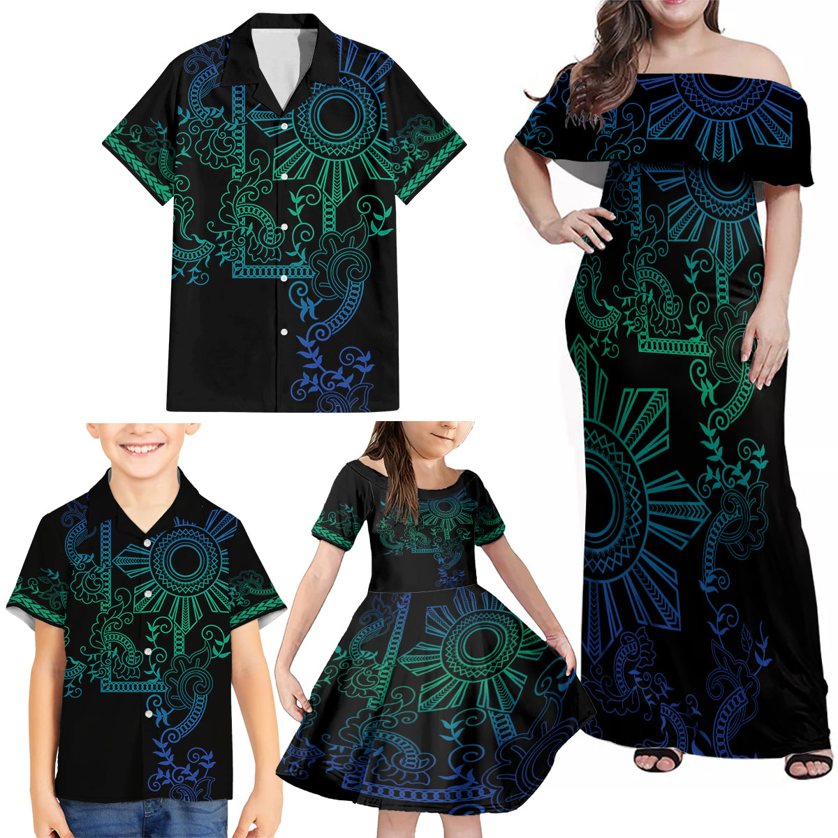 Filipino Sun Tribal Tattoo Family Matching Off Shoulder Maxi Dress and Hawaiian Shirt Philippines Inspired Barong Blue Art