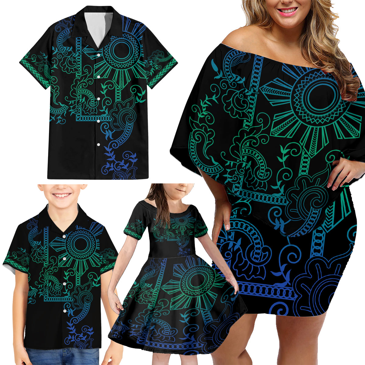 Filipino Sun Tribal Tattoo Family Matching Off Shoulder Short Dress and Hawaiian Shirt Philippines Inspired Barong Blue Art