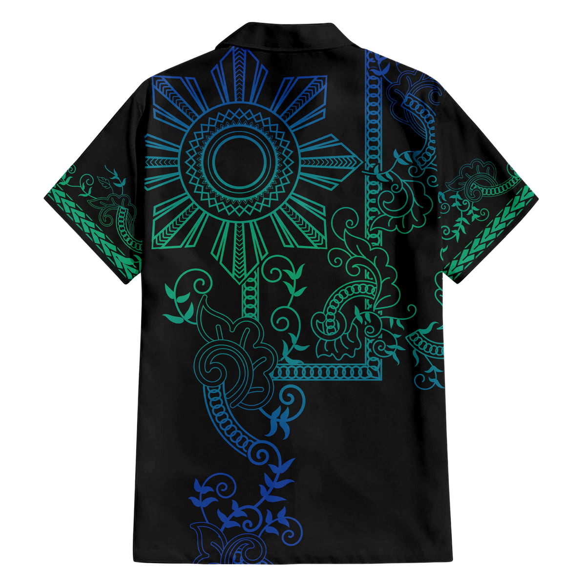 Filipino Sun Tribal Tattoo Family Matching Short Sleeve Bodycon Dress and Hawaiian Shirt Philippines Inspired Barong Blue Art