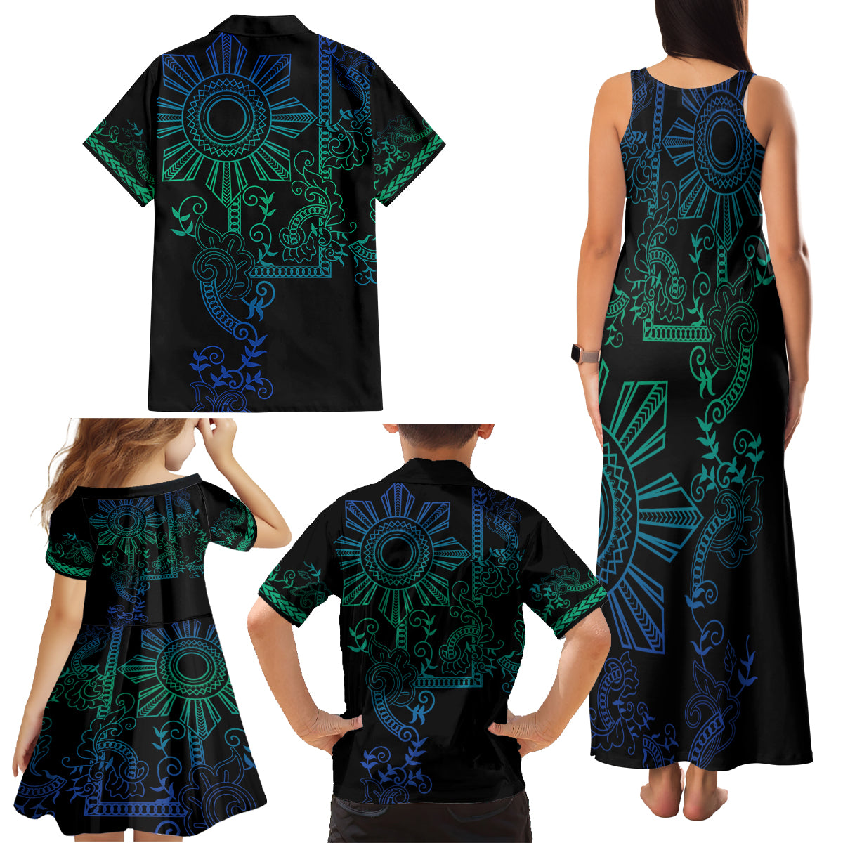 Filipino Sun Tribal Tattoo Family Matching Tank Maxi Dress and Hawaiian Shirt Philippines Inspired Barong Blue Art