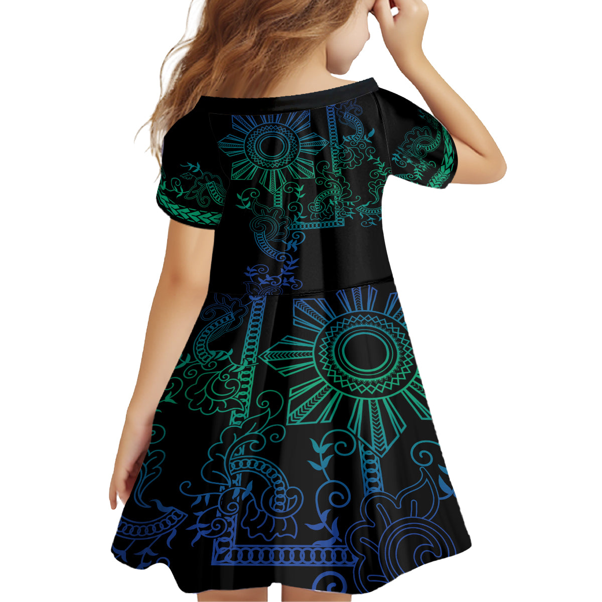 Filipino Sun Tribal Tattoo Kid Short Sleeve Dress Philippines Inspired Barong Blue Art