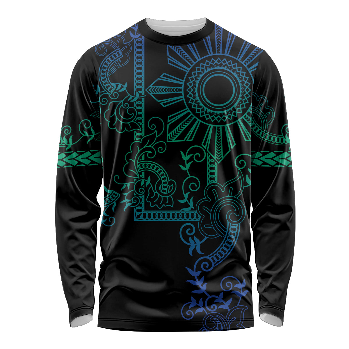 Filipino Sun Tribal Tattoo Long Sleeve Shirt Philippines Inspired Barong Blue Art