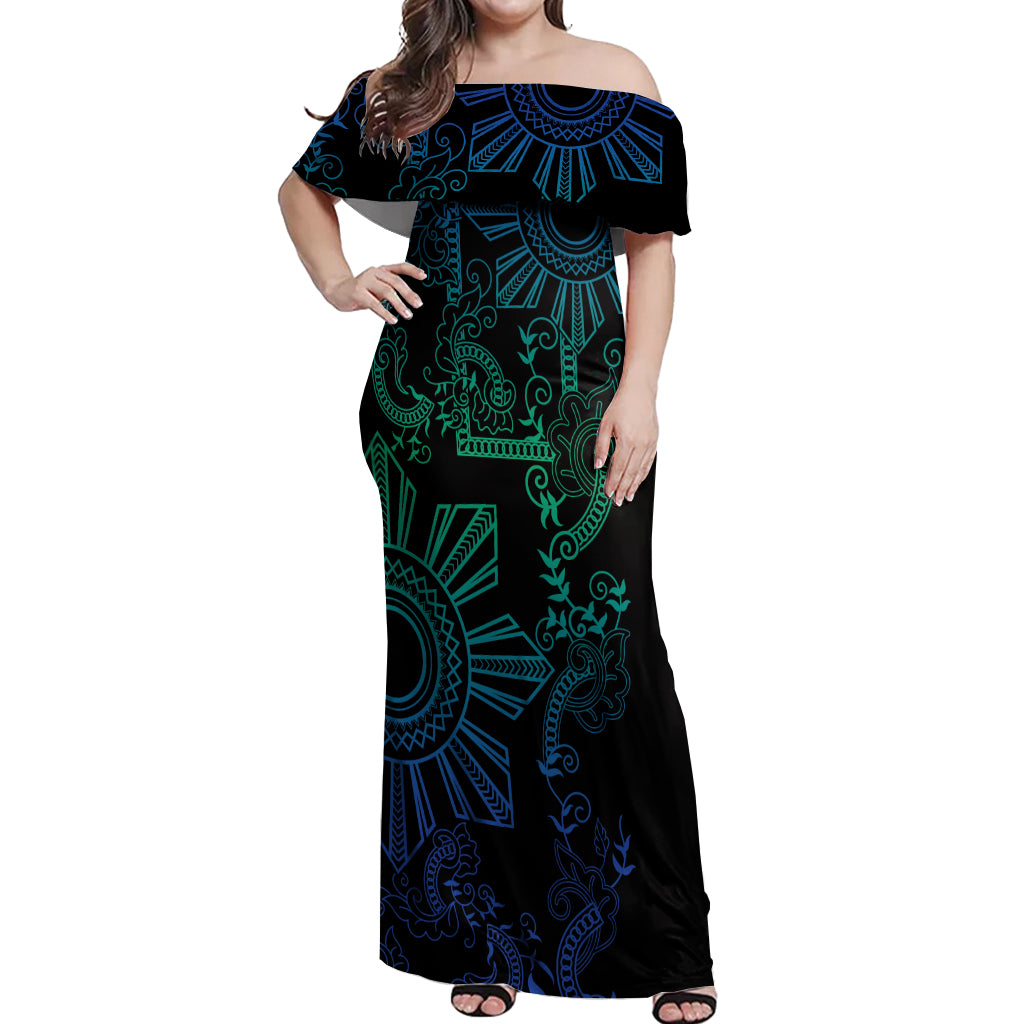 Filipino Sun Tribal Tattoo Off Shoulder Maxi Dress Philippines Inspired Barong Blue Art