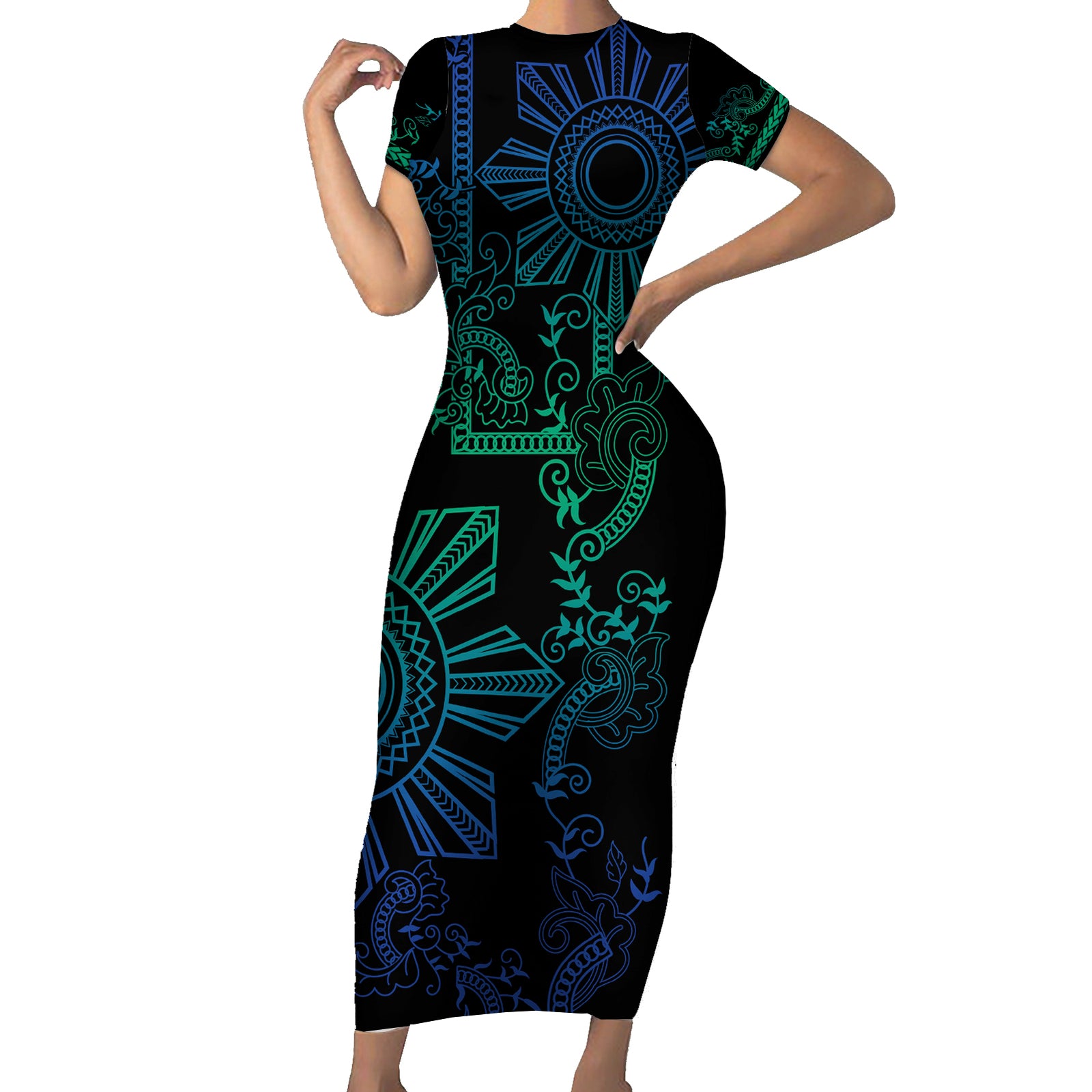 Filipino Sun Tribal Tattoo Short Sleeve Bodycon Dress Philippines Inspired Barong Blue Art