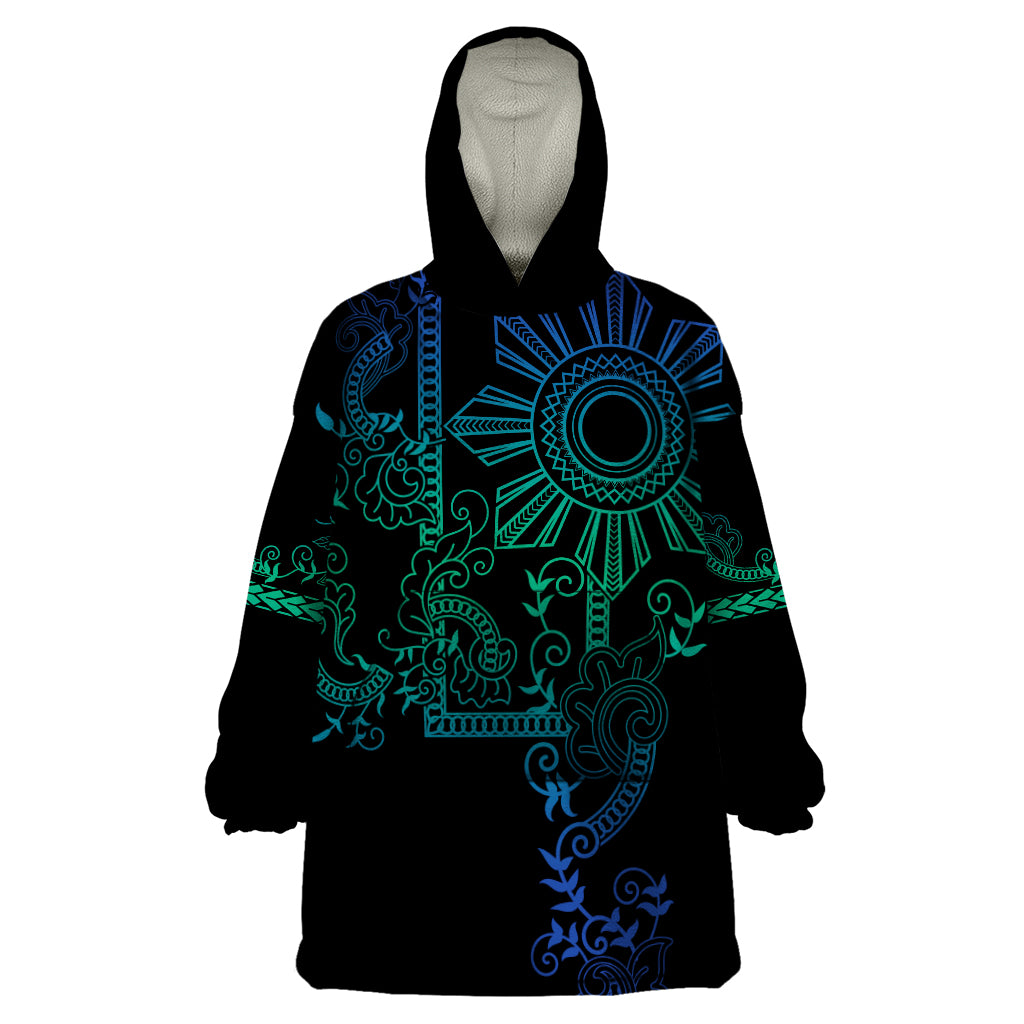 Filipino Sun Tribal Tattoo Wearable Blanket Hoodie Philippines Inspired Barong Blue Art