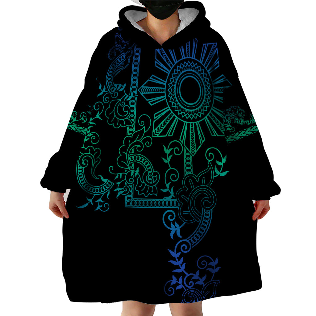 Filipino Sun Tribal Tattoo Wearable Blanket Hoodie Philippines Inspired Barong Blue Art