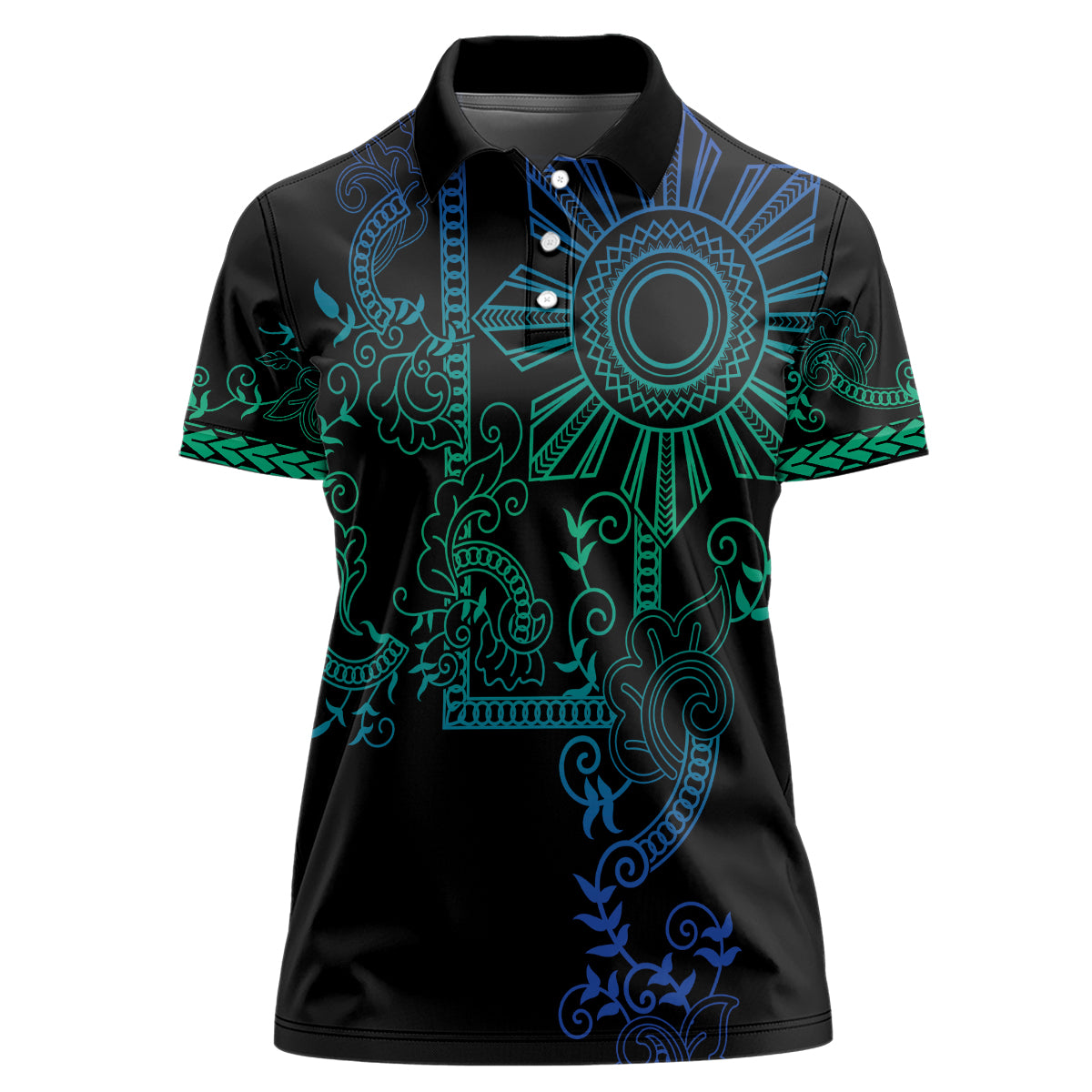 Filipino Sun Tribal Tattoo Women Polo Shirt Philippines Inspired Barong Blue Art