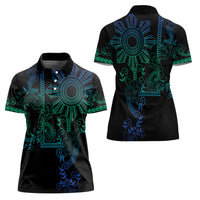 Filipino Sun Tribal Tattoo Women Polo Shirt Philippines Inspired Barong Blue Art
