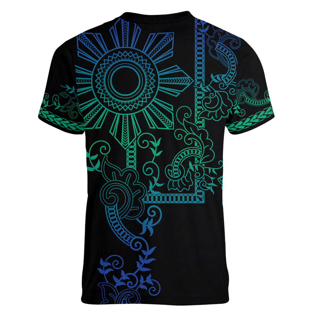 Filipino Sun Tribal Tattoo Women V-Neck T-Shirt Philippines Inspired Barong Blue Art