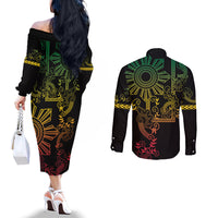 Filipino Sun Tribal Tattoo Couples Matching Off The Shoulder Long Sleeve Dress and Long Sleeve Button Shirt Philippines Inspired Barong Reggae Art
