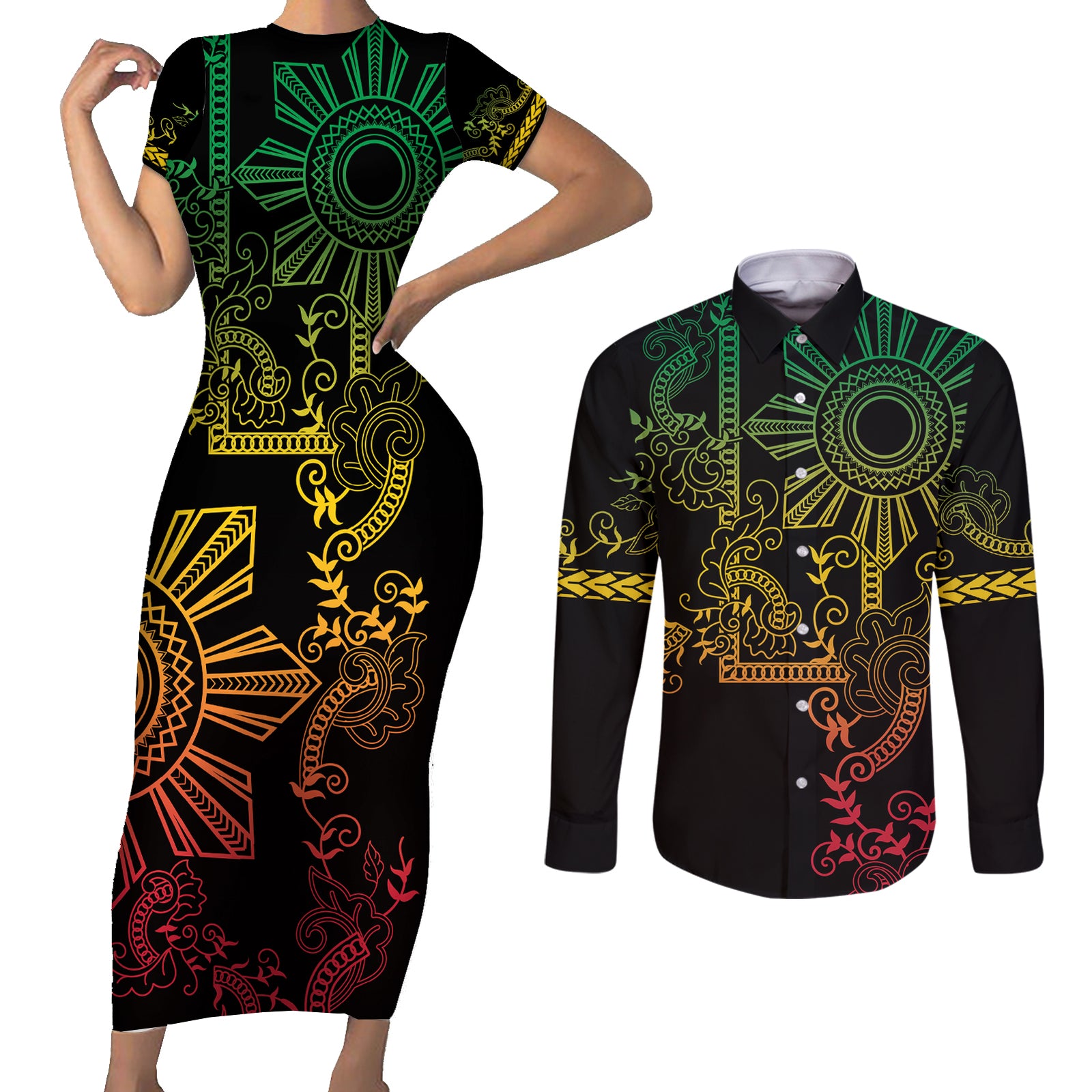 Filipino Sun Tribal Tattoo Couples Matching Short Sleeve Bodycon Dress and Long Sleeve Button Shirt Philippines Inspired Barong Reggae Art