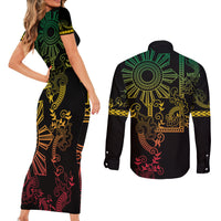 Filipino Sun Tribal Tattoo Couples Matching Short Sleeve Bodycon Dress and Long Sleeve Button Shirt Philippines Inspired Barong Reggae Art