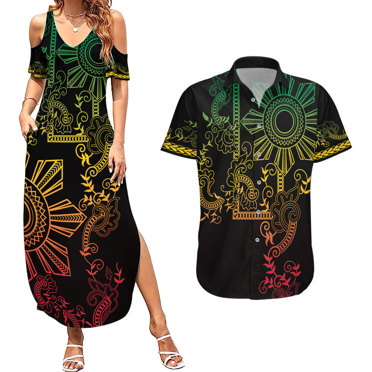 Filipino Sun Tribal Tattoo Couples Matching Summer Maxi Dress and Hawaiian Shirt Philippines Inspired Barong Reggae Art