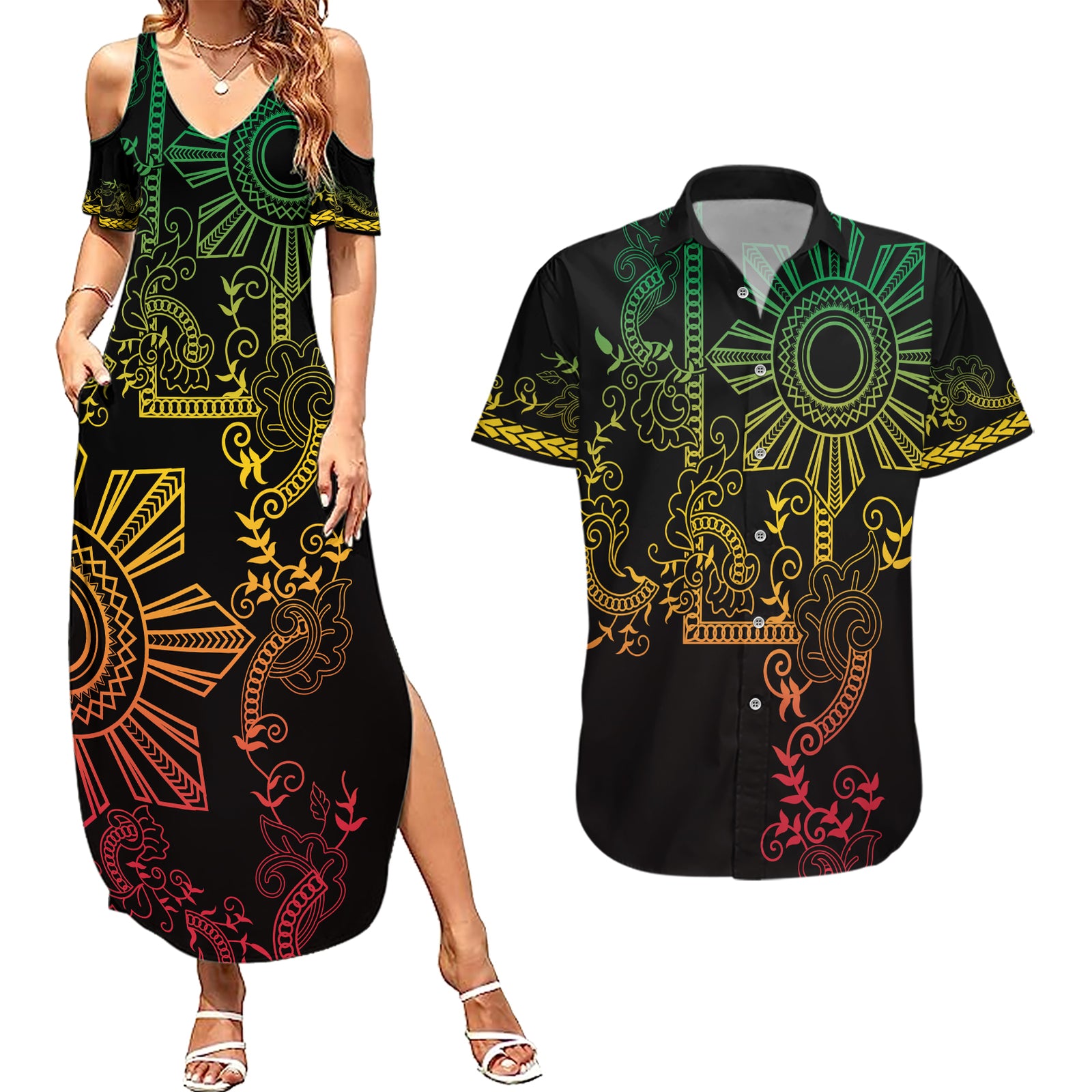 Filipino Sun Tribal Tattoo Couples Matching Summer Maxi Dress and Hawaiian Shirt Philippines Inspired Barong Reggae Art