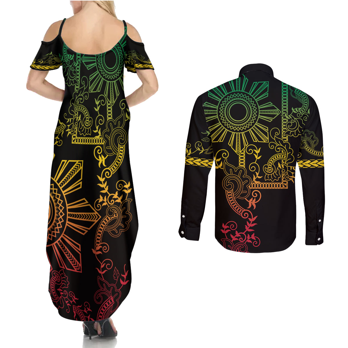 Filipino Sun Tribal Tattoo Couples Matching Summer Maxi Dress and Long Sleeve Button Shirt Philippines Inspired Barong Reggae Art