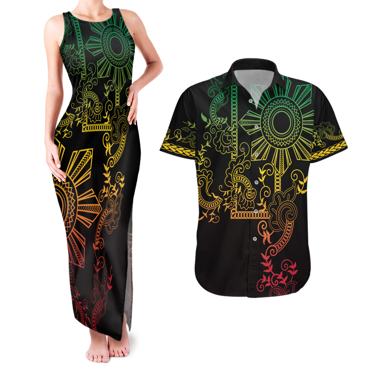 Filipino Sun Tribal Tattoo Couples Matching Tank Maxi Dress and Hawaiian Shirt Philippines Inspired Barong Reggae Art