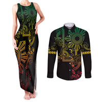 Filipino Sun Tribal Tattoo Couples Matching Tank Maxi Dress and Long Sleeve Button Shirt Philippines Inspired Barong Reggae Art