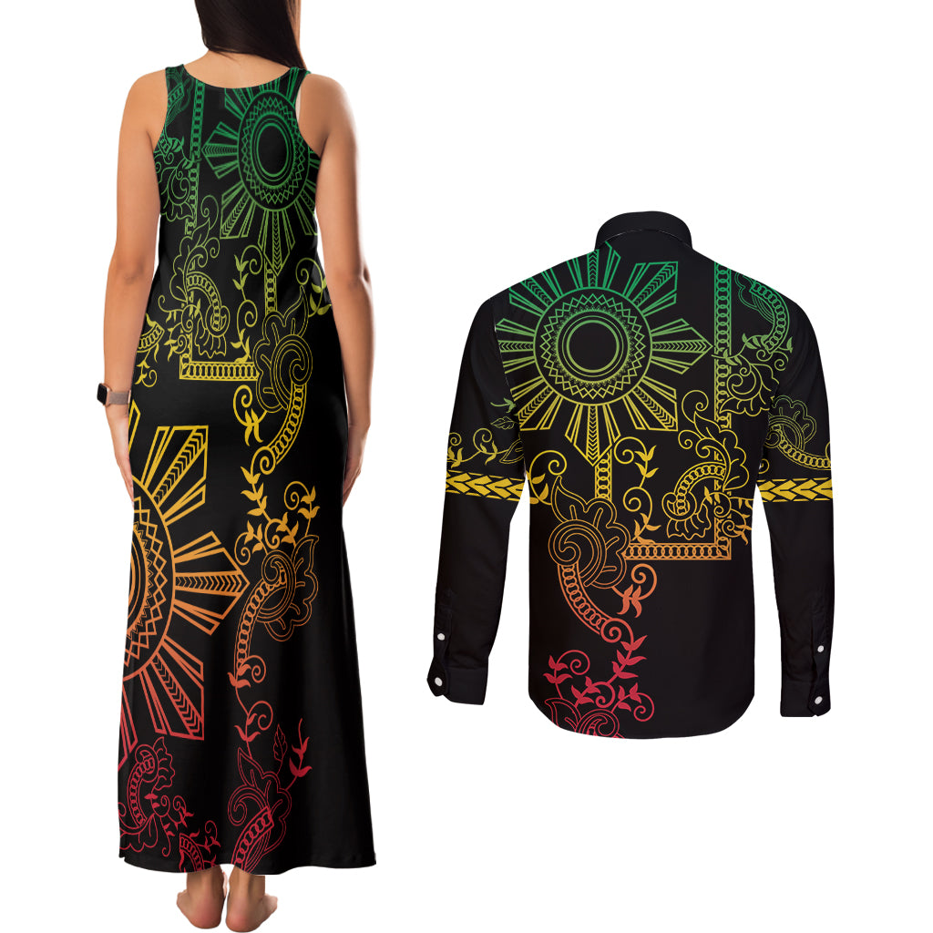 Filipino Sun Tribal Tattoo Couples Matching Tank Maxi Dress and Long Sleeve Button Shirt Philippines Inspired Barong Reggae Art