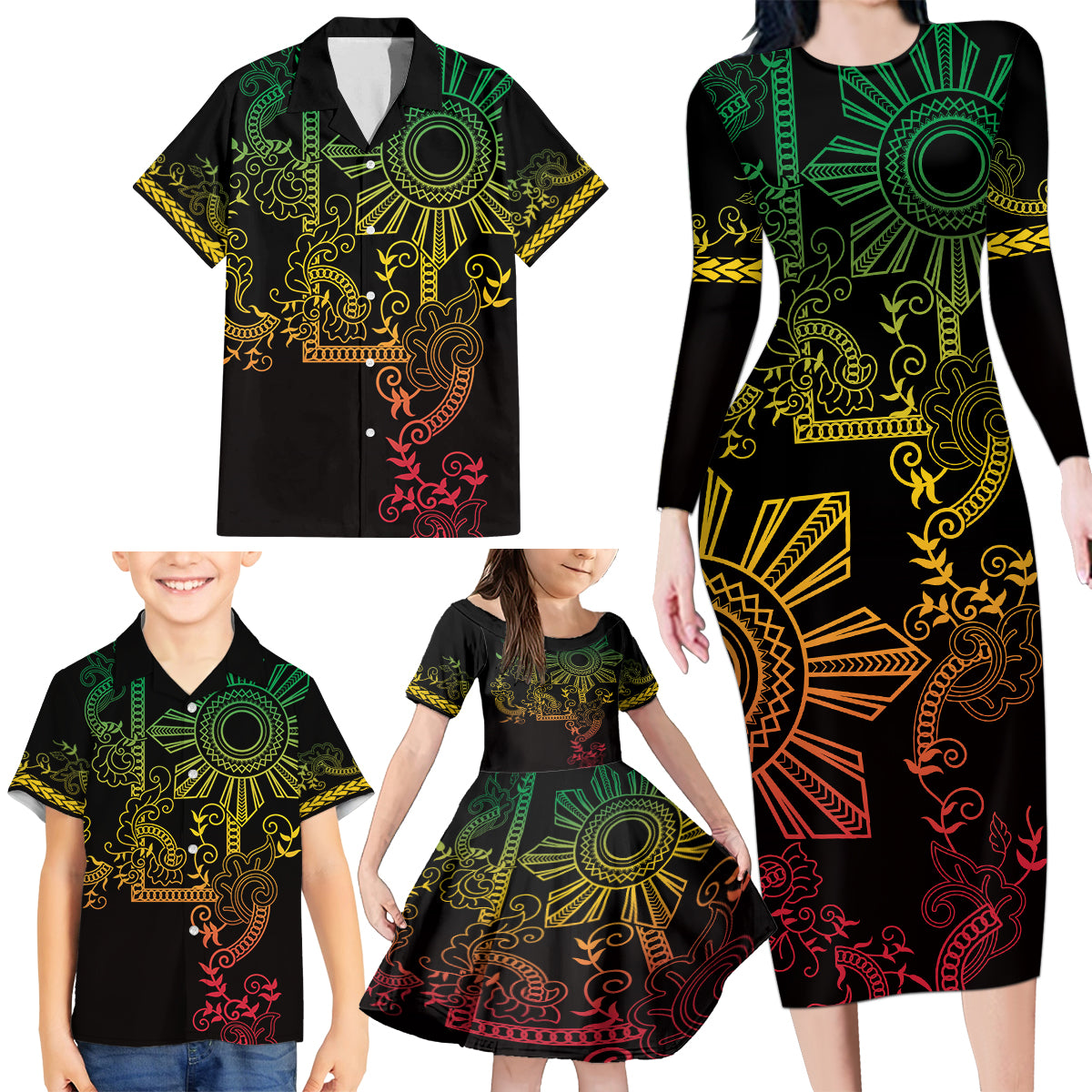 Filipino Sun Tribal Tattoo Family Matching Long Sleeve Bodycon Dress and Hawaiian Shirt Philippines Inspired Barong Reggae Art