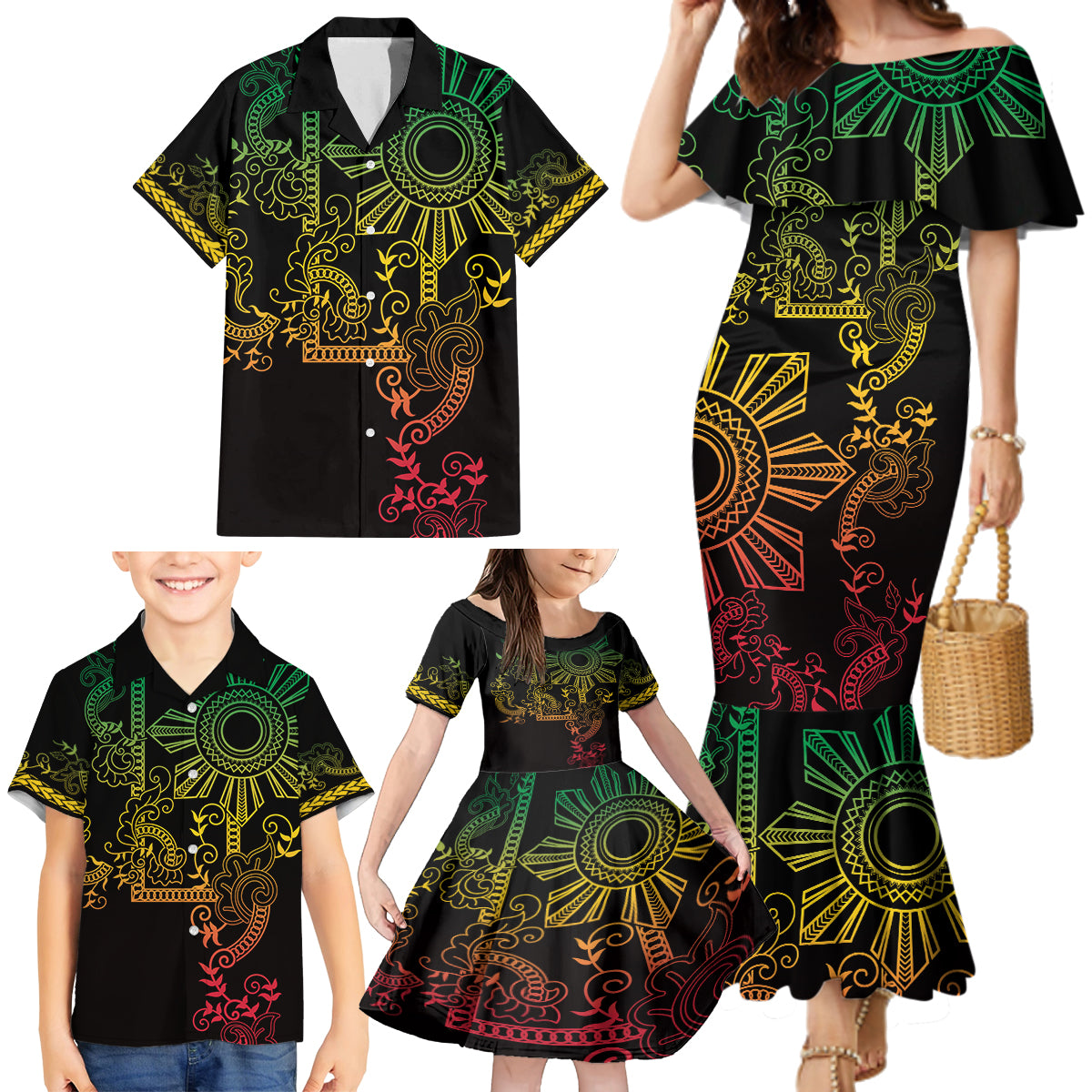 Filipino Sun Tribal Tattoo Family Matching Mermaid Dress and Hawaiian Shirt Philippines Inspired Barong Reggae Art